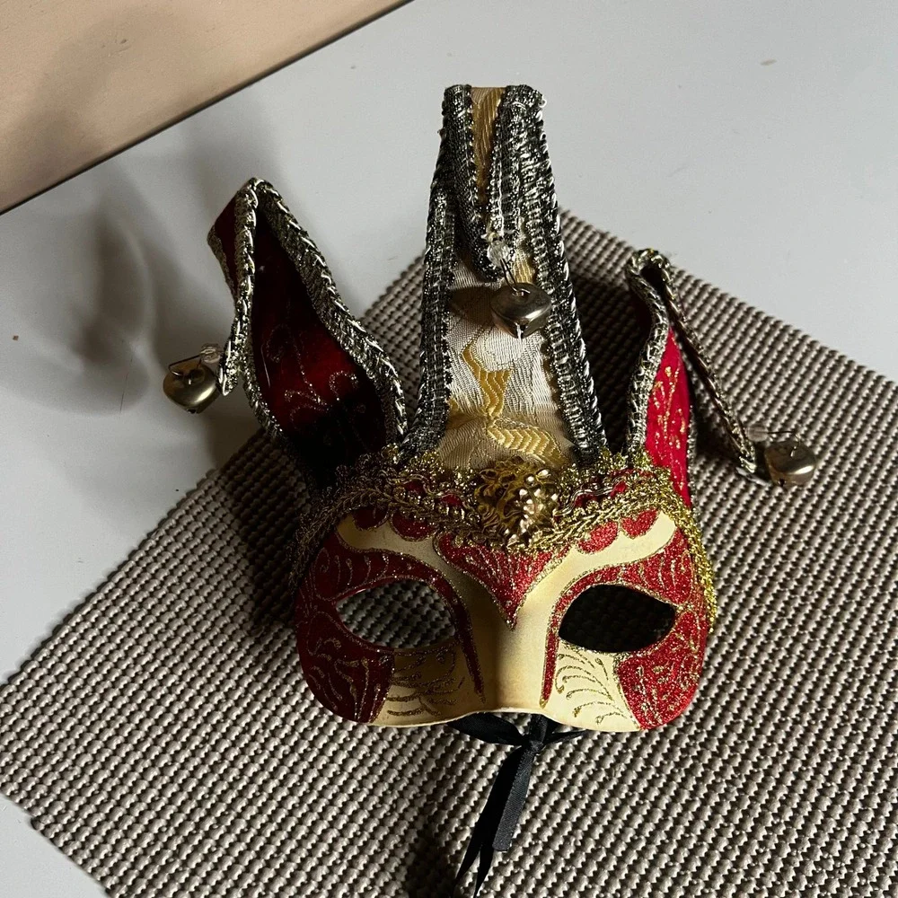 Venetian Jester Masquerade Mask Red Gold Glitter Harlequin Mardi Gras Bell Lion
